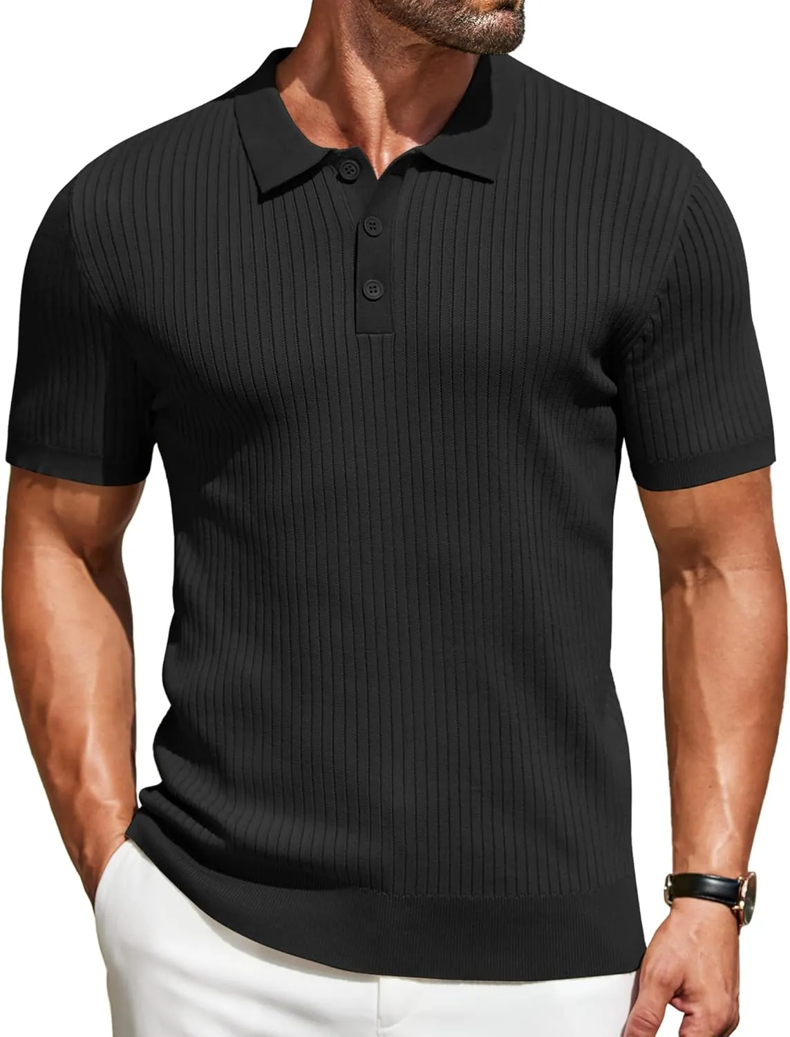 COOFANDY Mens Knit Polo Shirts Short Sleeve Golf Shirts Button Down Casual Polo T Shirts Textured Slim Fit Pullover