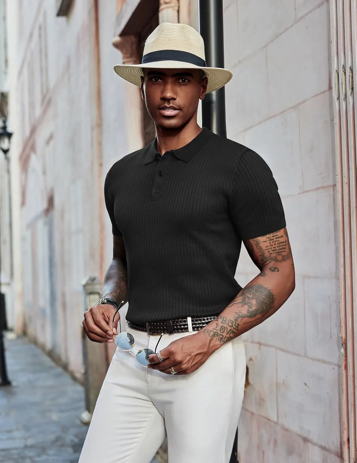 COOFANDY Mens Knit Polo Shirts Short Sleeve Golf Shirts Button Down Casual Polo T Shirts Textured Slim Fit Pullover