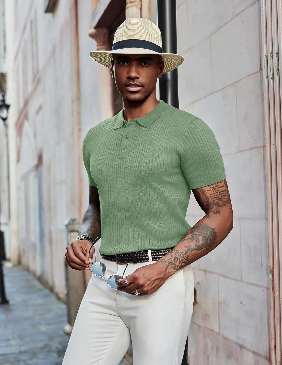 COOFANDY Mens Knit Polo Shirts Short Sleeve Golf Shirts Button Down Casual Polo T Shirts Textured Slim Fit Pullover