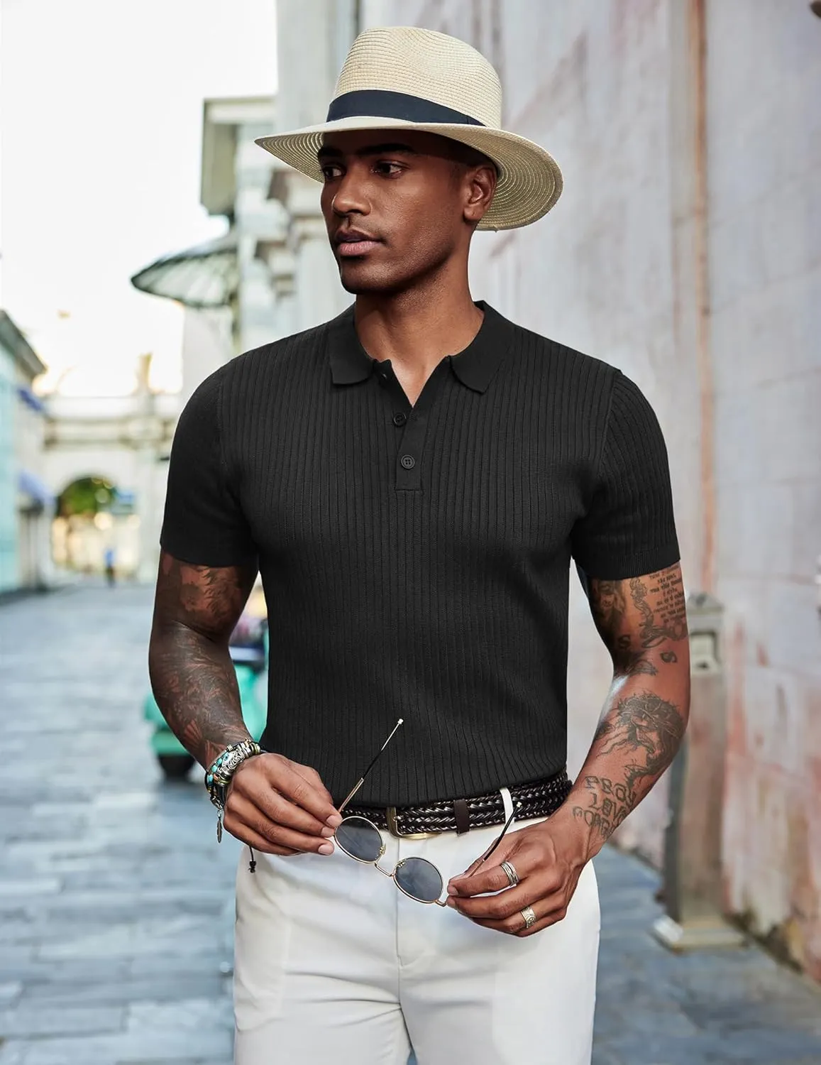 COOFANDY Mens Knit Polo Shirts Short Sleeve Golf Shirts Button Down Casual Polo T Shirts Textured Slim Fit Pullover
