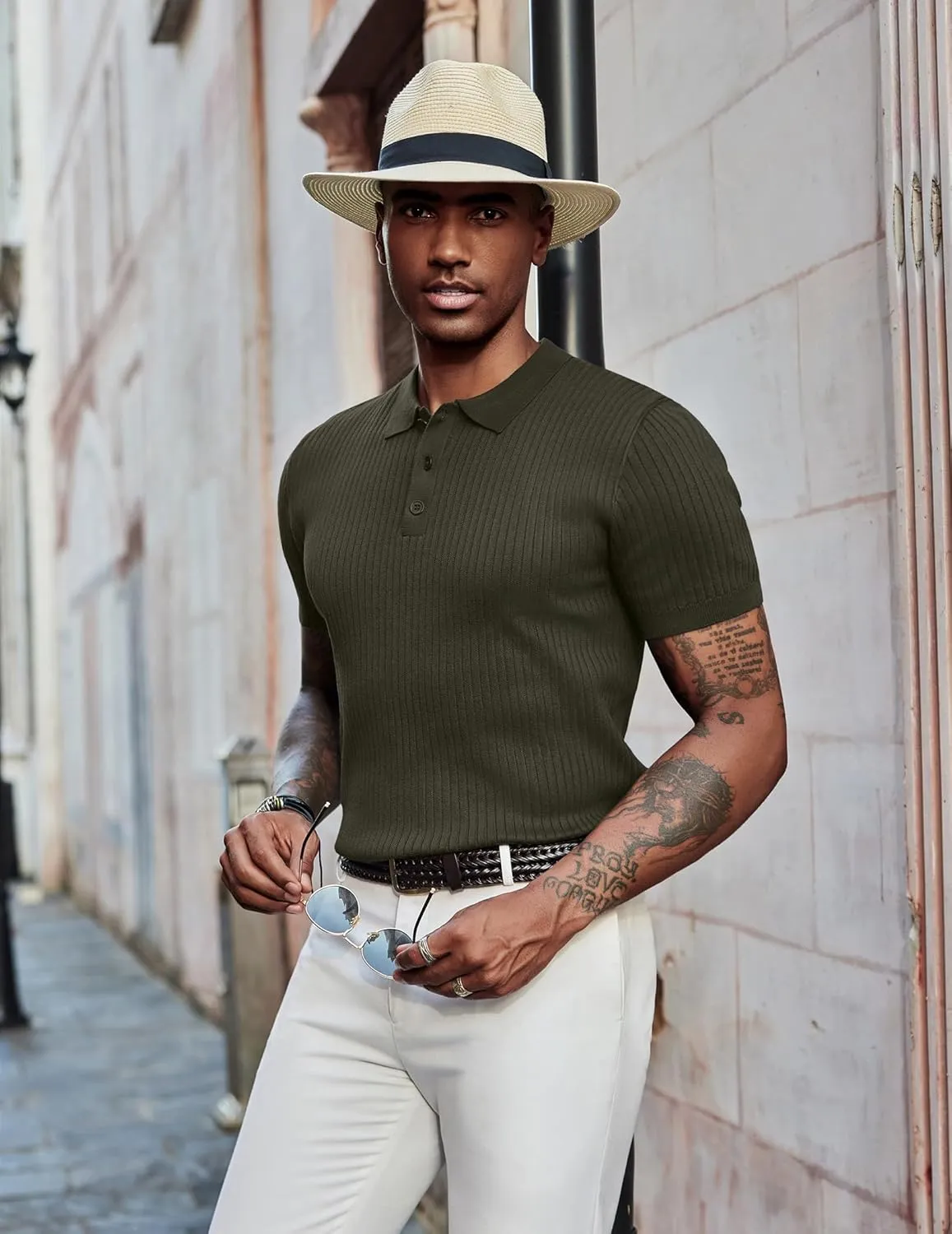 COOFANDY Mens Knit Polo Shirts Short Sleeve Golf Shirts Button Down Casual Polo T Shirts Textured Slim Fit Pullover