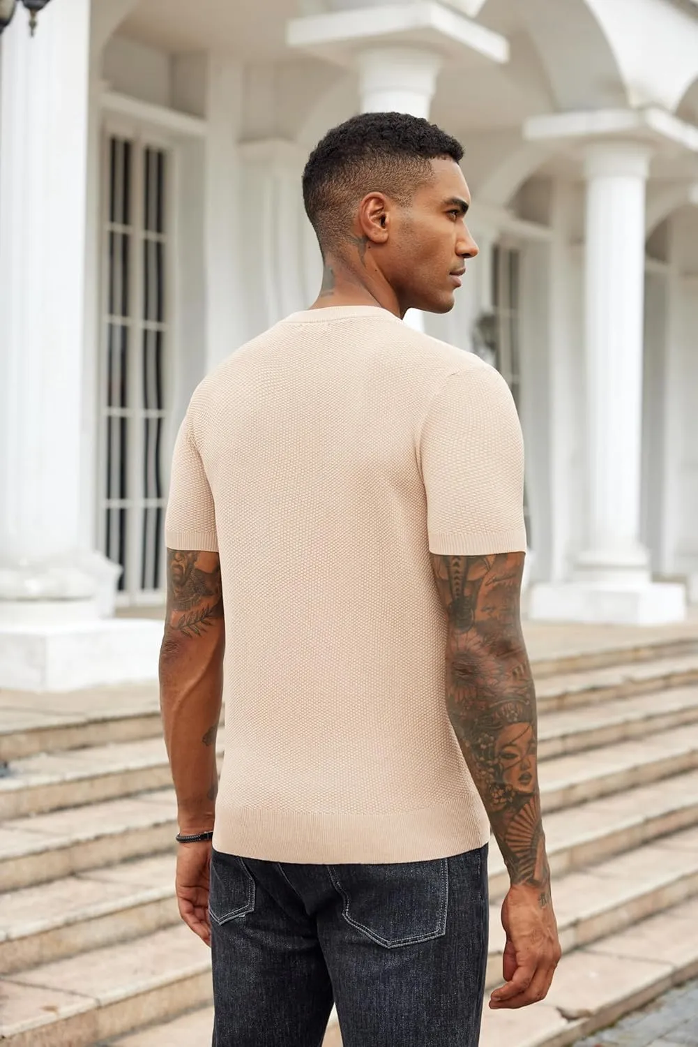 COOFANDY Mens Knit T-Shirts Summer Waffle Shirts Vintage Shirts Short Sleeve Crew Neck Tee Shirt Casual Crochet Top