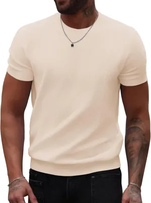 COOFANDY Mens Knit T-Shirts Summer Waffle Shirts Vintage Shirts Short Sleeve Crew Neck Tee Shirt Casual Crochet Top