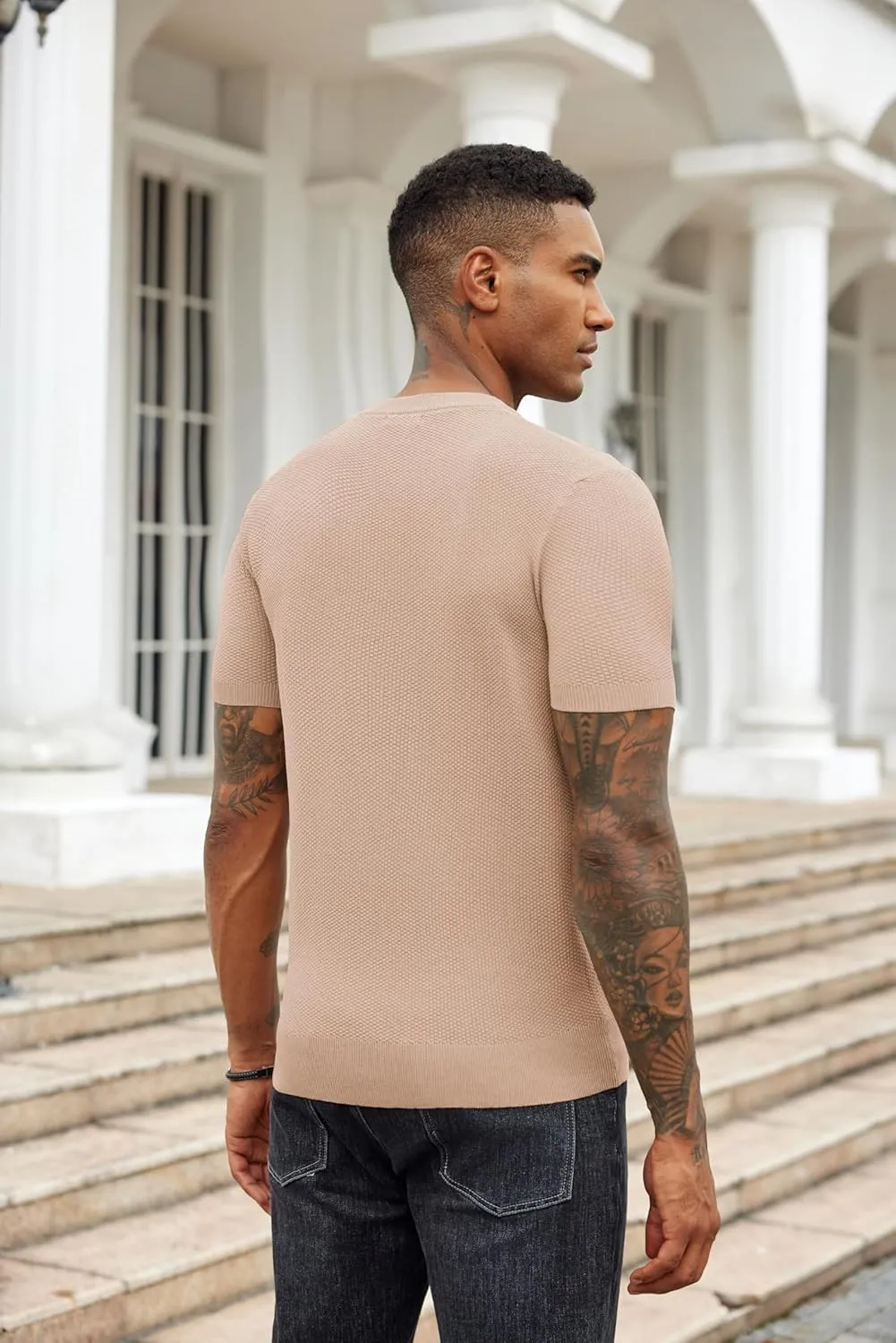 COOFANDY Mens Knit T-Shirts Summer Waffle Shirts Vintage Shirts Short Sleeve Crew Neck Tee Shirt Casual Crochet Top