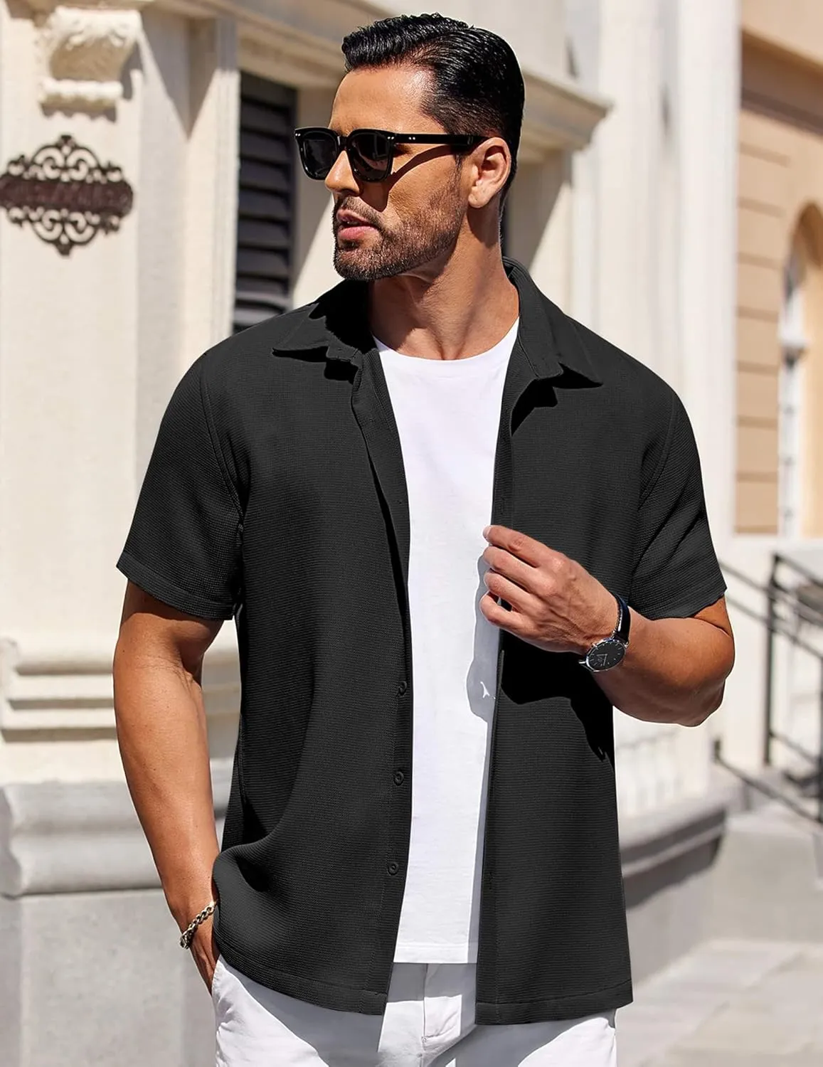 COOFANDY Mens Short Sleeve Button Down Shirts Waffle Shirt Casual Beach Summer Shirts Wrinkle Free Vacation Shirts