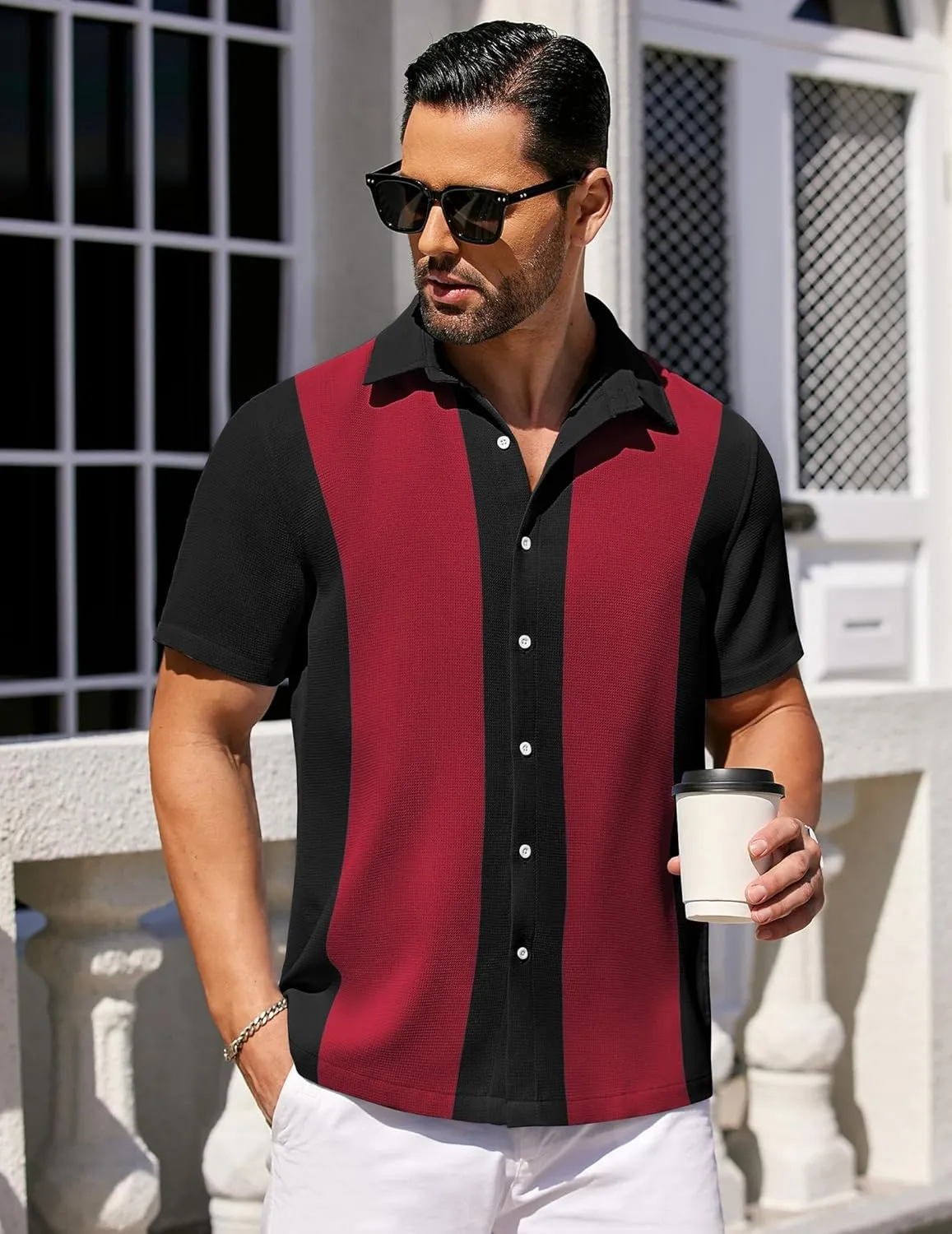 COOFANDY Mens Short Sleeve Button Down Shirts Waffle Shirt Casual Beach Summer Shirts Wrinkle Free Vacation Shirts