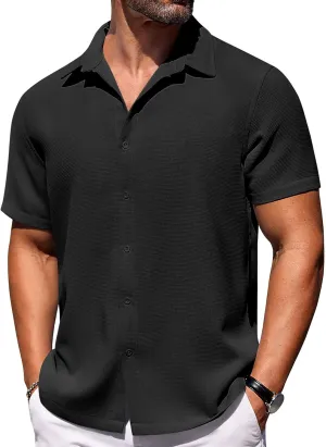 COOFANDY Mens Short Sleeve Button Down Shirts Waffle Shirt Casual Beach Summer Shirts Wrinkle Free Vacation Shirts