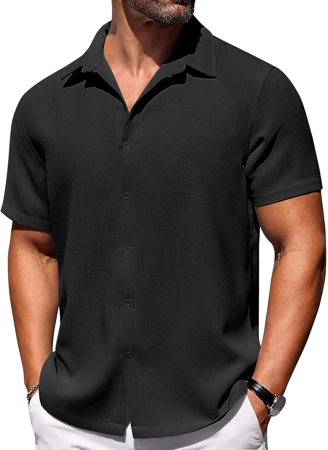 COOFANDY Mens Short Sleeve Button Down Shirts Waffle Shirt Casual Beach Summer Shirts Wrinkle Free Vacation Shirts