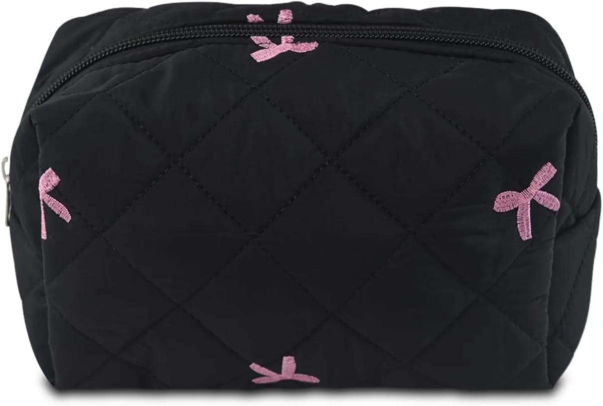 Cotton Quilted Makeup Bag Cute Floral Make up Bag Puffy Coquette Makeup pouch Aesthetic Cute Travel Toiletry Bag for Women Girls