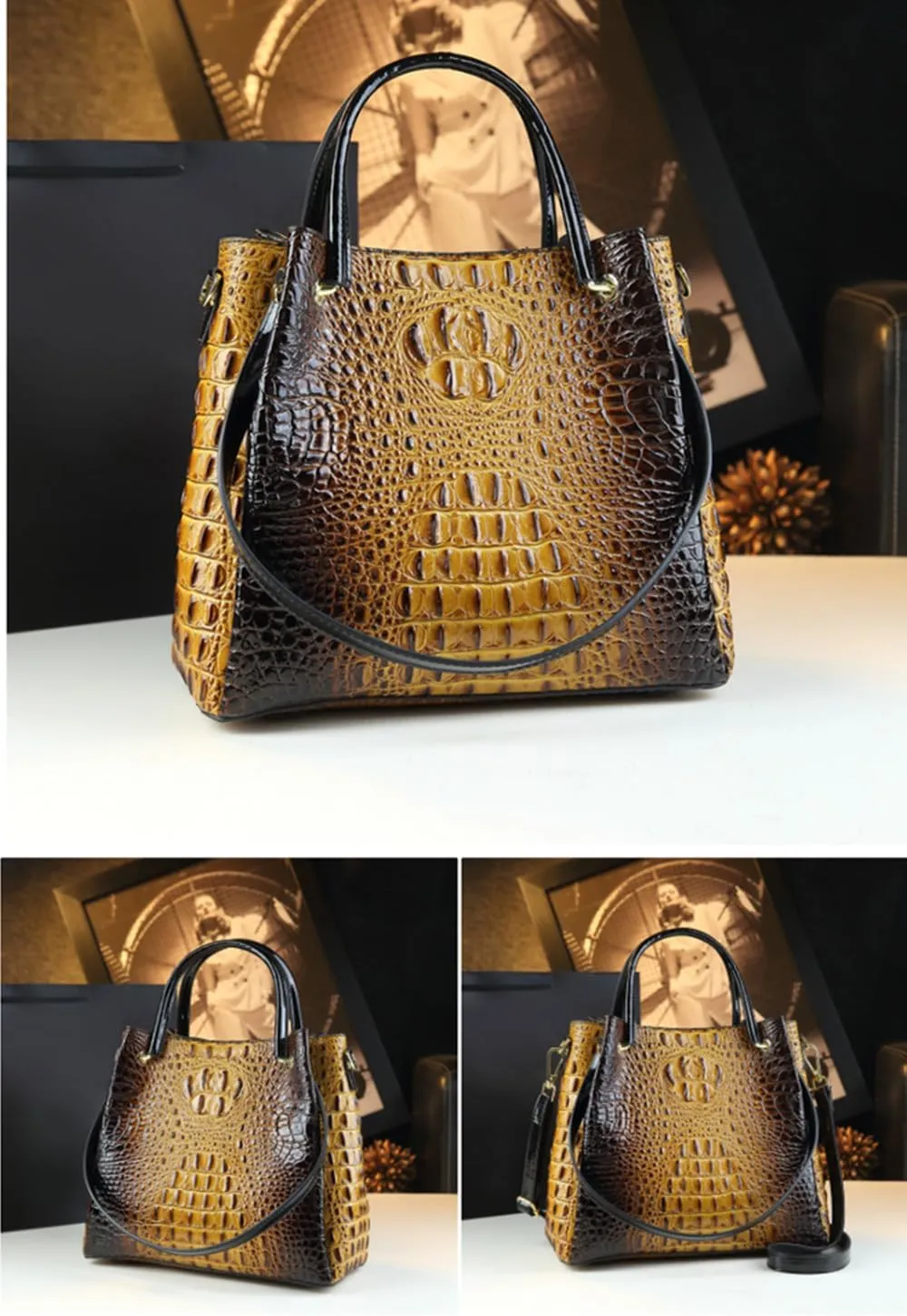 Crocodile Pattern Leather Women's Bag Top-Handle Satchel Handbags Bucket Purse Portable Tote Bag Shoulder Messenger Bags