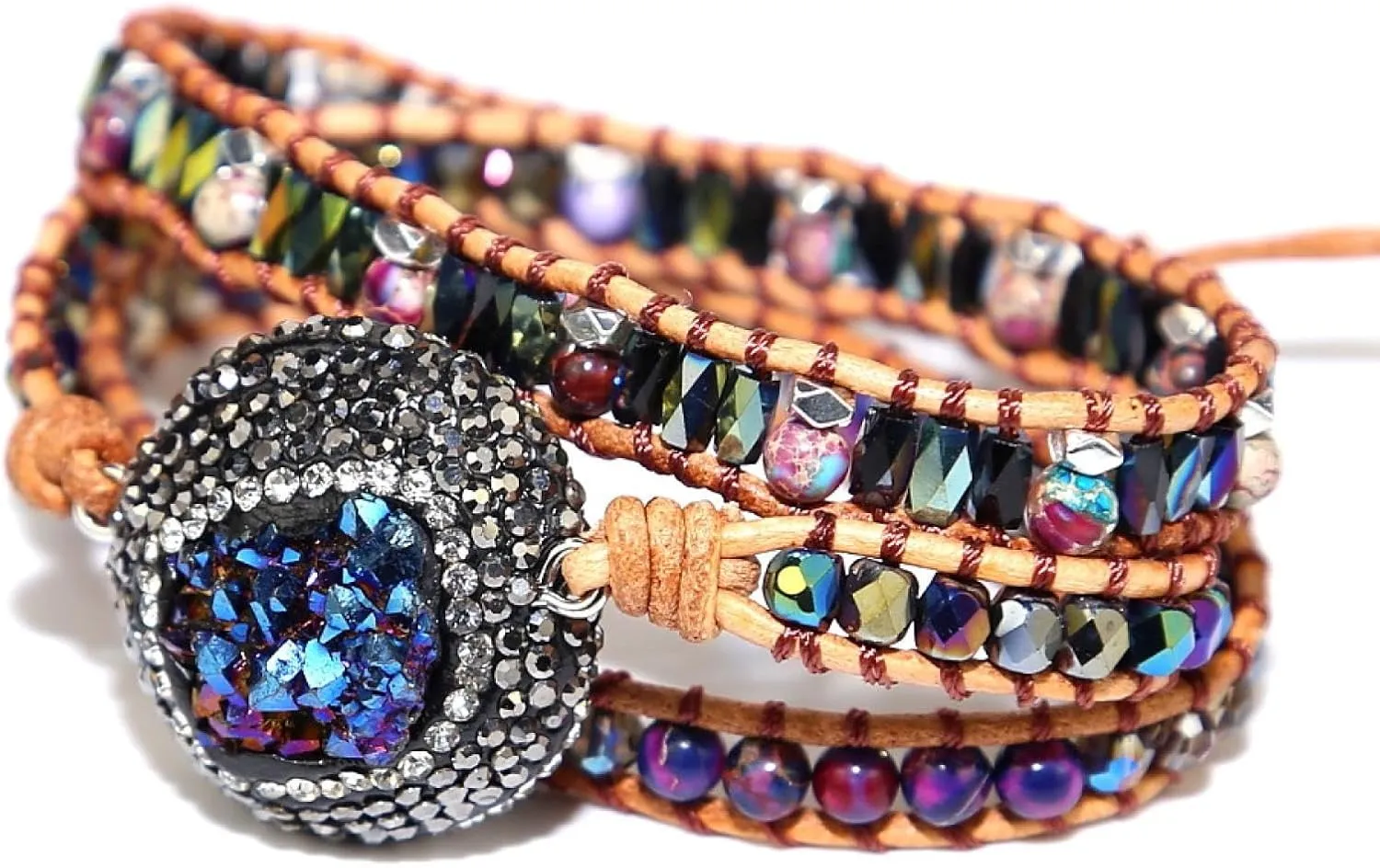 Crystal clusters mixed with multi-layered leather bracelets Bohemian multi-layered bracelets