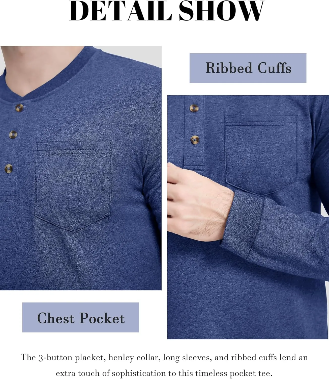 CRYSULLY Men's Henley Shirts Cotton Long Sleeve T-Shirts 3 Button Pocket Tops Lightweight Casual Basic Tee