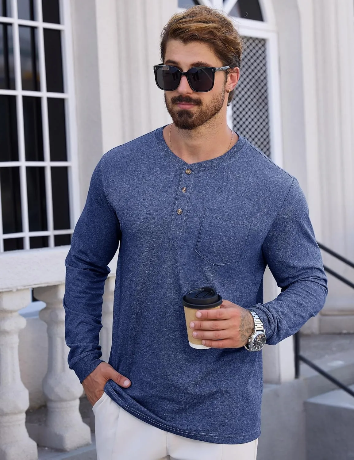 CRYSULLY Men's Henley Shirts Cotton Long Sleeve T-Shirts 3 Button Pocket Tops Lightweight Casual Basic Tee