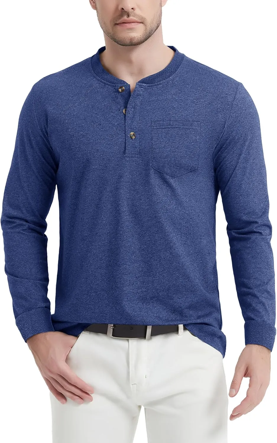 CRYSULLY Men's Henley Shirts Cotton Long Sleeve T-Shirts 3 Button Pocket Tops Lightweight Casual Basic Tee