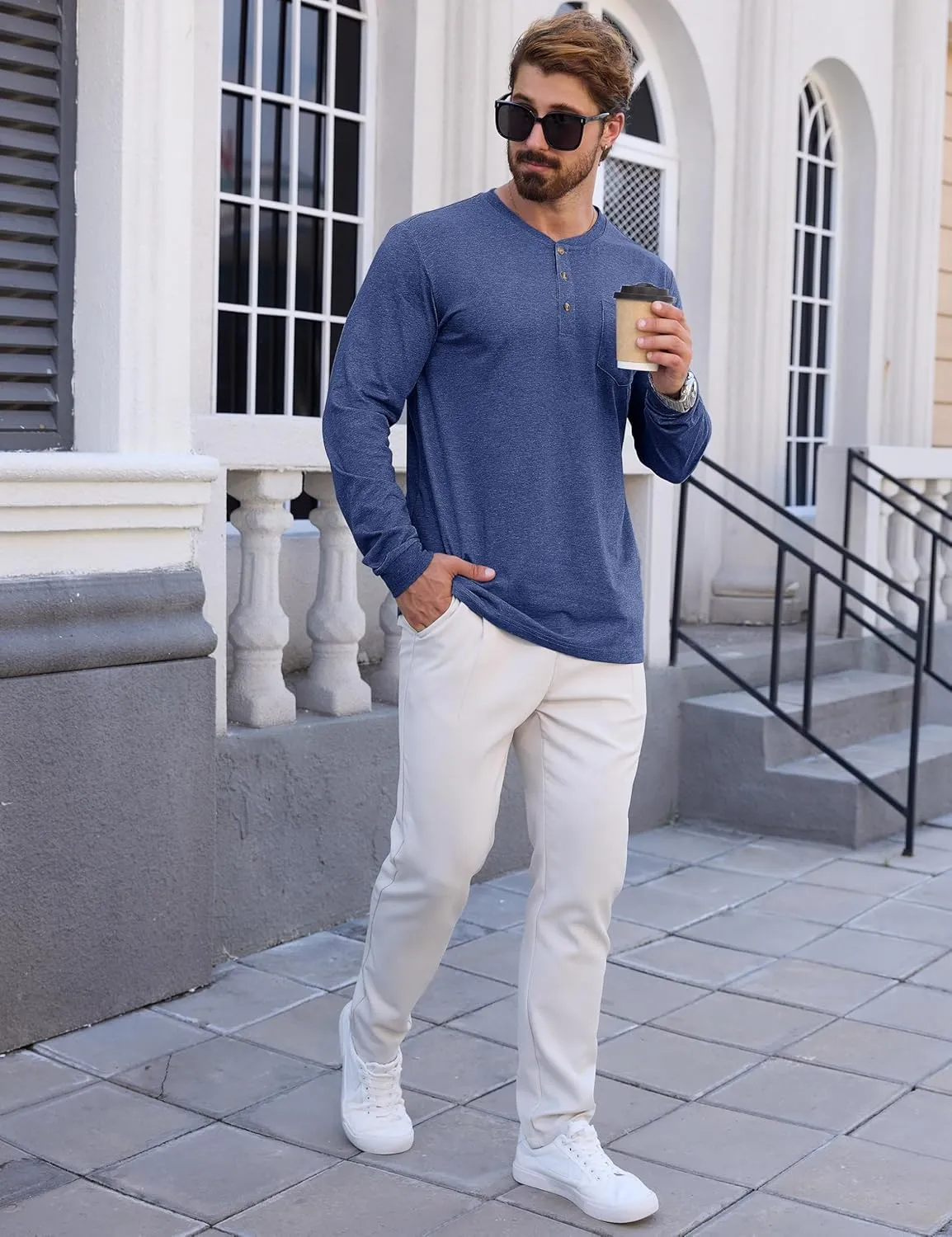 CRYSULLY Men's Henley Shirts Cotton Long Sleeve T-Shirts 3 Button Pocket Tops Lightweight Casual Basic Tee