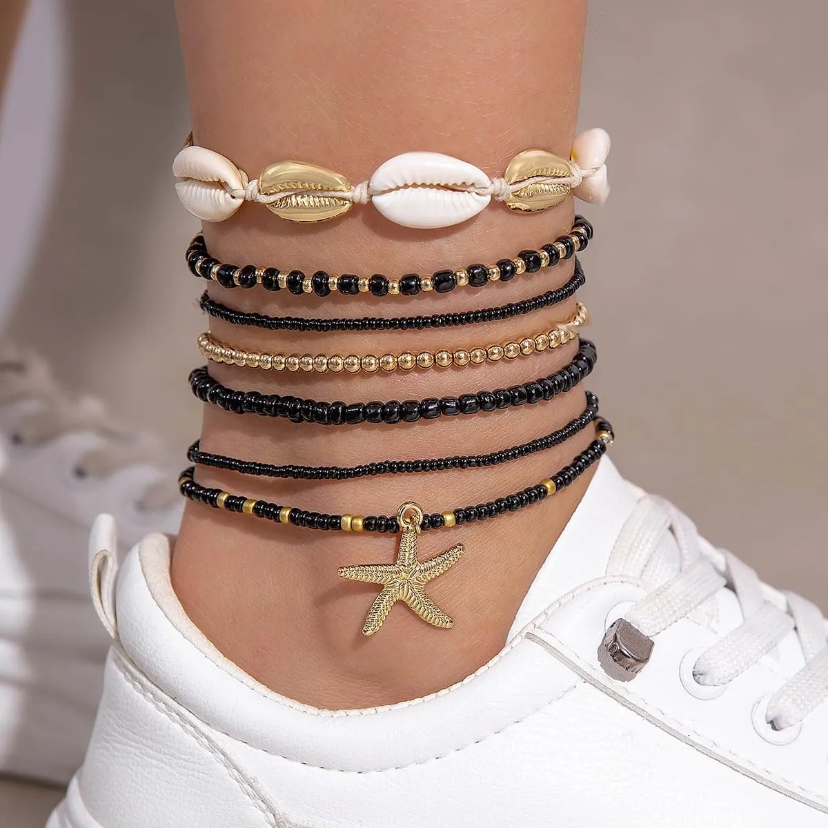CSIYANJRY99 Shell Starfish Anklets Bracelet 7pcs Boho Seashell Beaded Anklet Hawaii Summer Beach Waterproof Surfer Starfish Anklets for Women