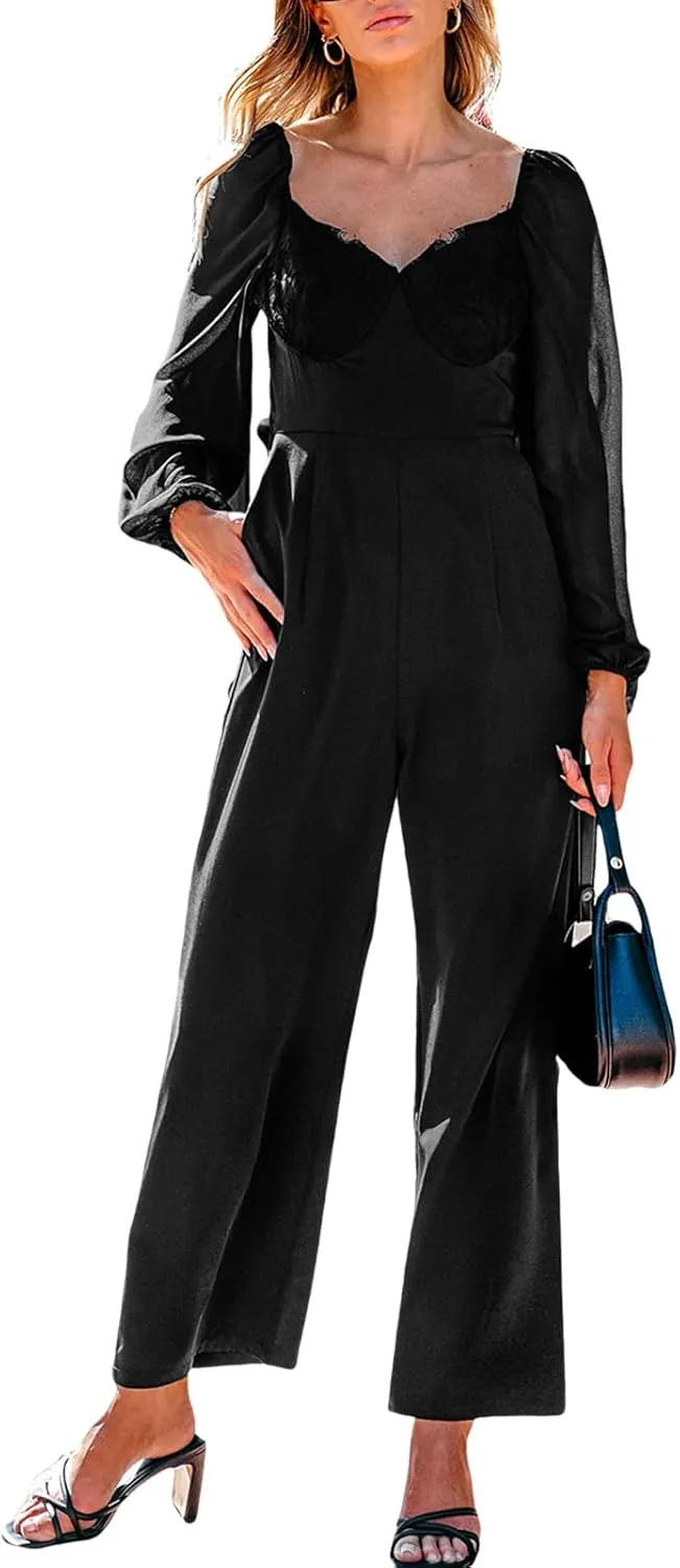 CUPSHE Women's Maxi Jumpsuit V Neck Long Sleeve Wide Leg Lace One Piece Fall Casual Outfit Pants Jumpsuits with Pockets