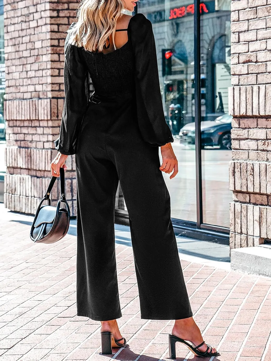 CUPSHE Women's Maxi Jumpsuit V Neck Long Sleeve Wide Leg Lace One Piece Fall Casual Outfit Pants Jumpsuits with Pockets