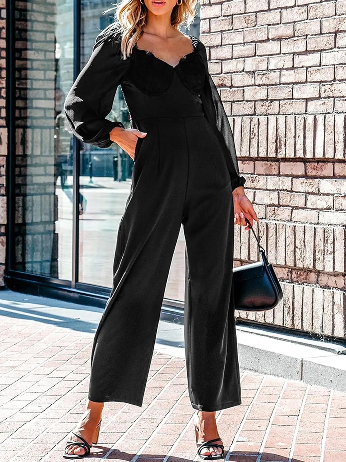 CUPSHE Women's Maxi Jumpsuit V Neck Long Sleeve Wide Leg Lace One Piece Fall Casual Outfit Pants Jumpsuits with Pockets