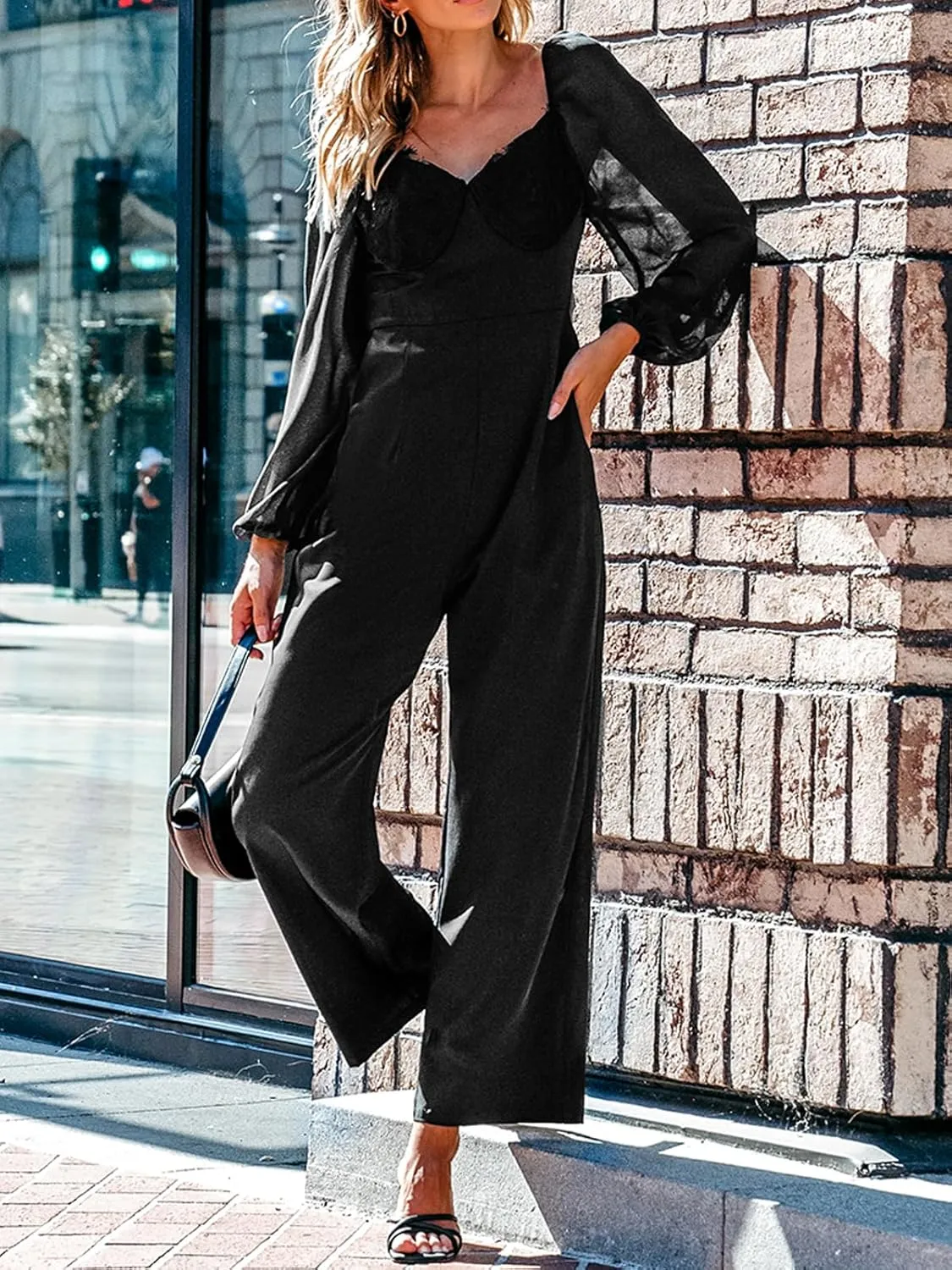 CUPSHE Women's Maxi Jumpsuit V Neck Long Sleeve Wide Leg Lace One Piece Fall Casual Outfit Pants Jumpsuits with Pockets