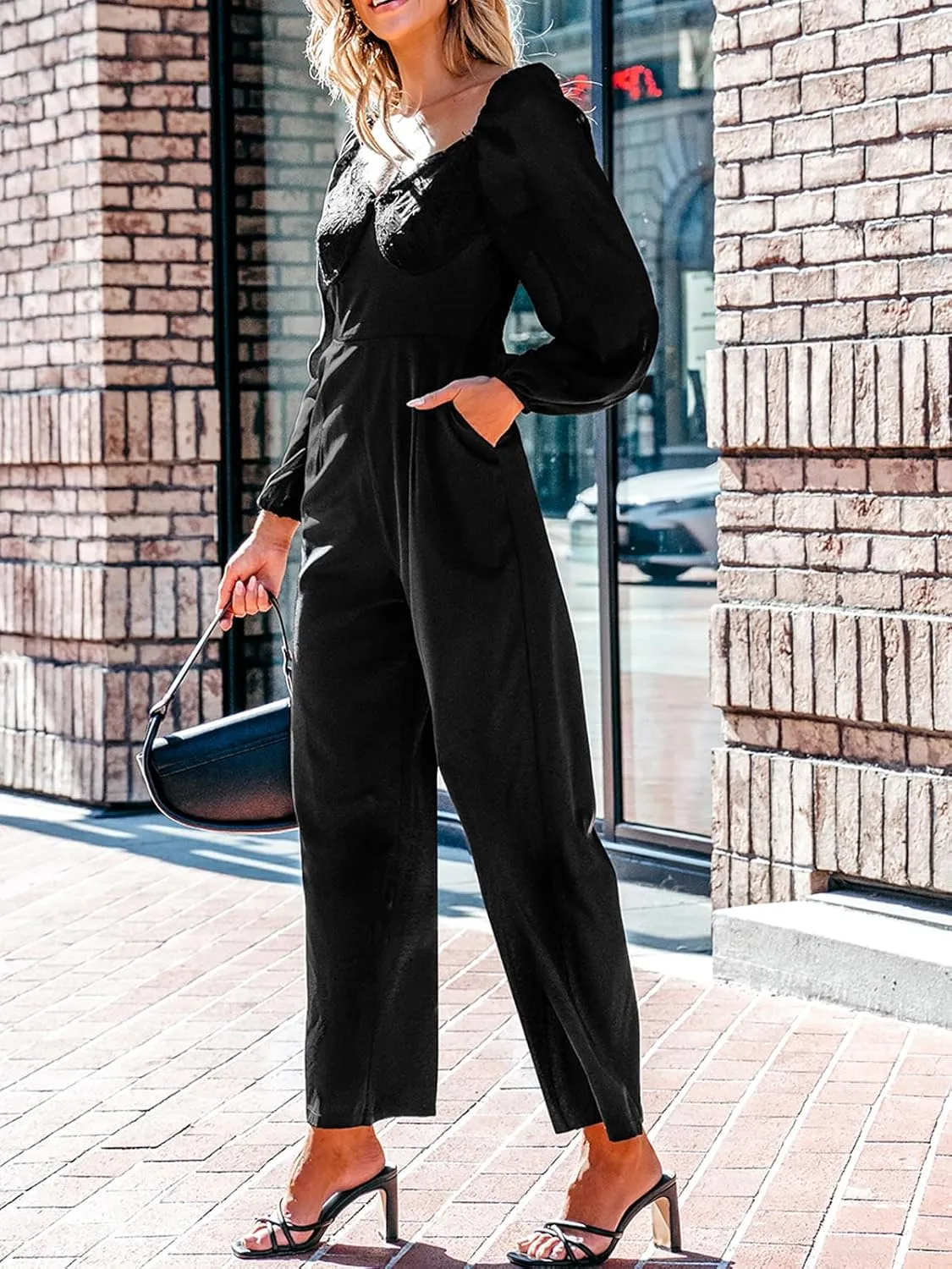 CUPSHE Women's Maxi Jumpsuit V Neck Long Sleeve Wide Leg Lace One Piece Fall Casual Outfit Pants Jumpsuits with Pockets