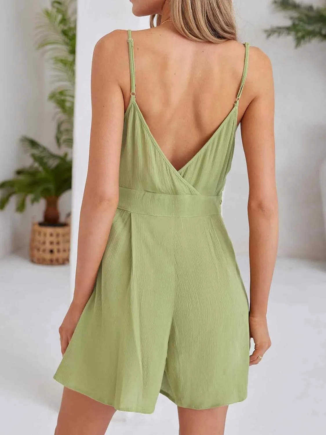 CUPSHE Women's Romper Woven V Neck Sleeveless Wrapped Waist Pockets Wide leg Jumpsuit Outfit Casual Dressy