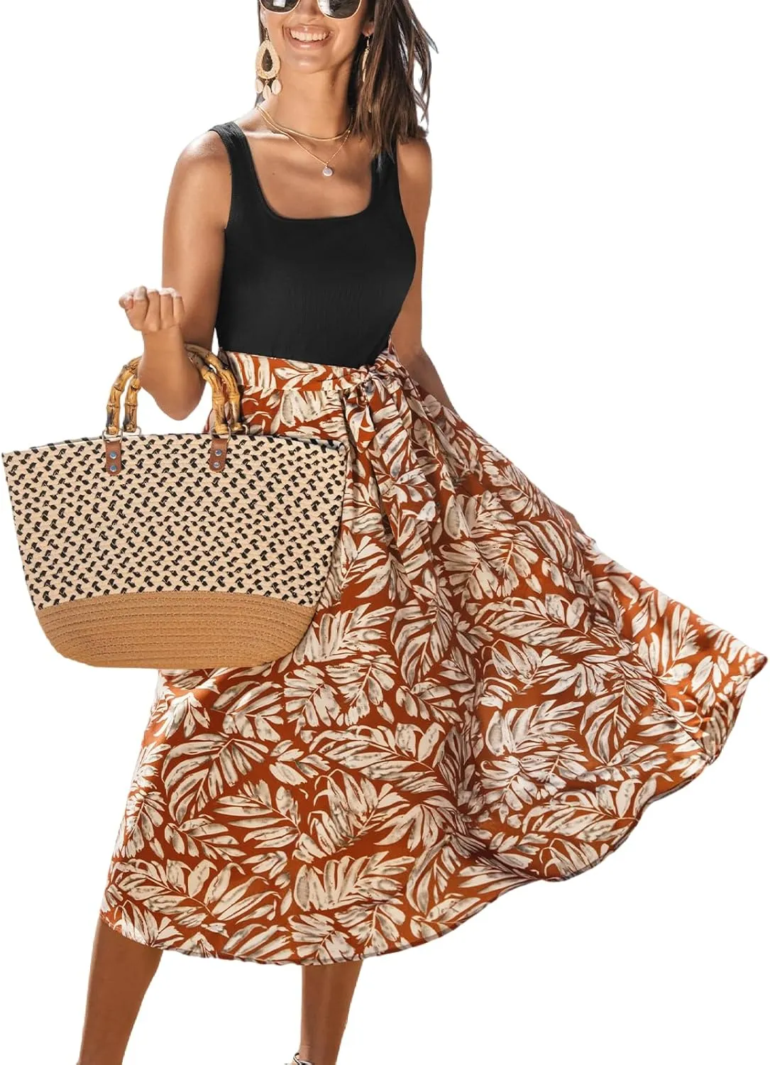 CUPSHE Women's Ruffle Floral Midi Summer Dress Square Neck Waist Tie Casual Sundress Beach Vacation Holiday Dress