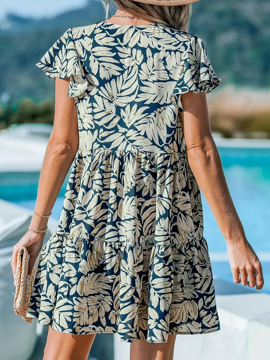 CUPSHE Women's V Neck with Tie Dress High Waist Short Flared Sleeve Dresses Tropical Floral Ruffle Hem Mini Dress