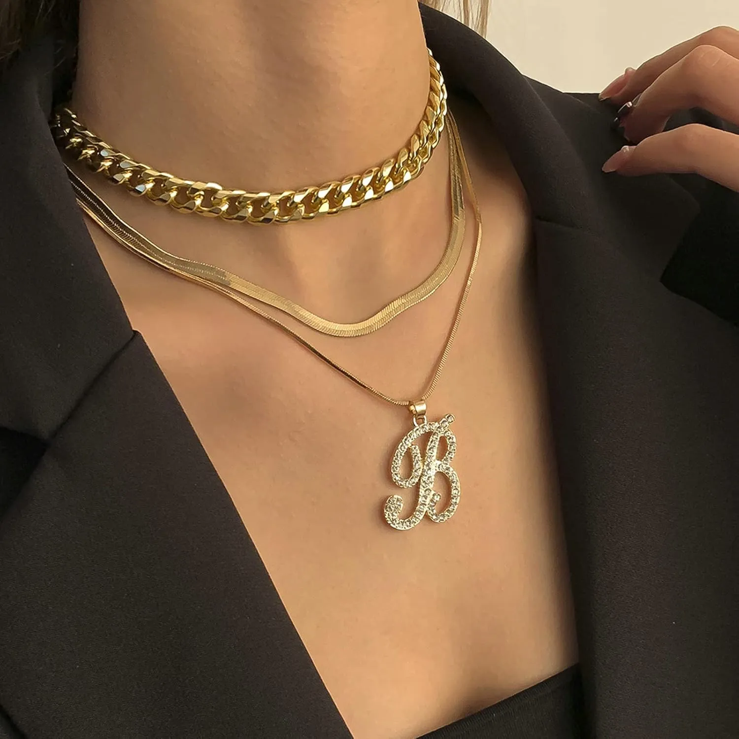Curb and Snake Chain Layered Necklaces Sets for Women, Initial Necklace 3 Layer Gold Plated Necklace Trendy