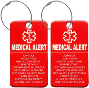 Customized Medical Luggage Tag  Engraved ID Alert for Medical Patients, Travel Bags, Suitcases & Equipment  Durable, Waterproof & Easy Identification  Personalized Emergency Identifier (4 Pack)