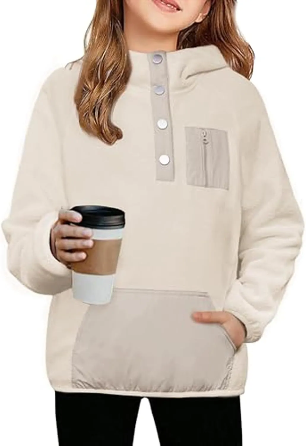 Cute Hoodies For Girls Color Block Sherpa Fleece Hooded Sweatshirt Teen Girl Winter Warm Button Down Pullover Jackets