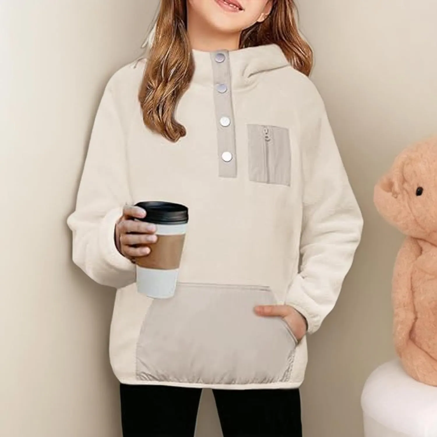 Cute Hoodies For Girls Color Block Sherpa Fleece Hooded Sweatshirt Teen Girl Winter Warm Button Down Pullover Jackets