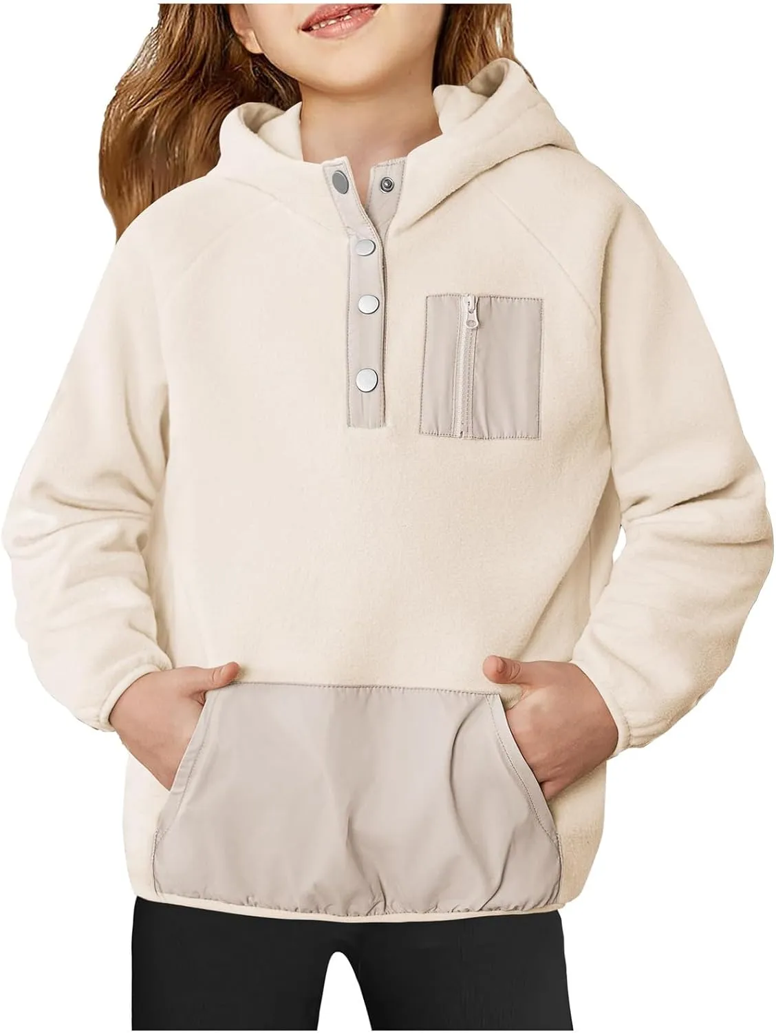 Cute Hoodies For Girls Color Block Sherpa Fleece Hooded Sweatshirt Teen Girl Winter Warm Button Down Pullover Jackets