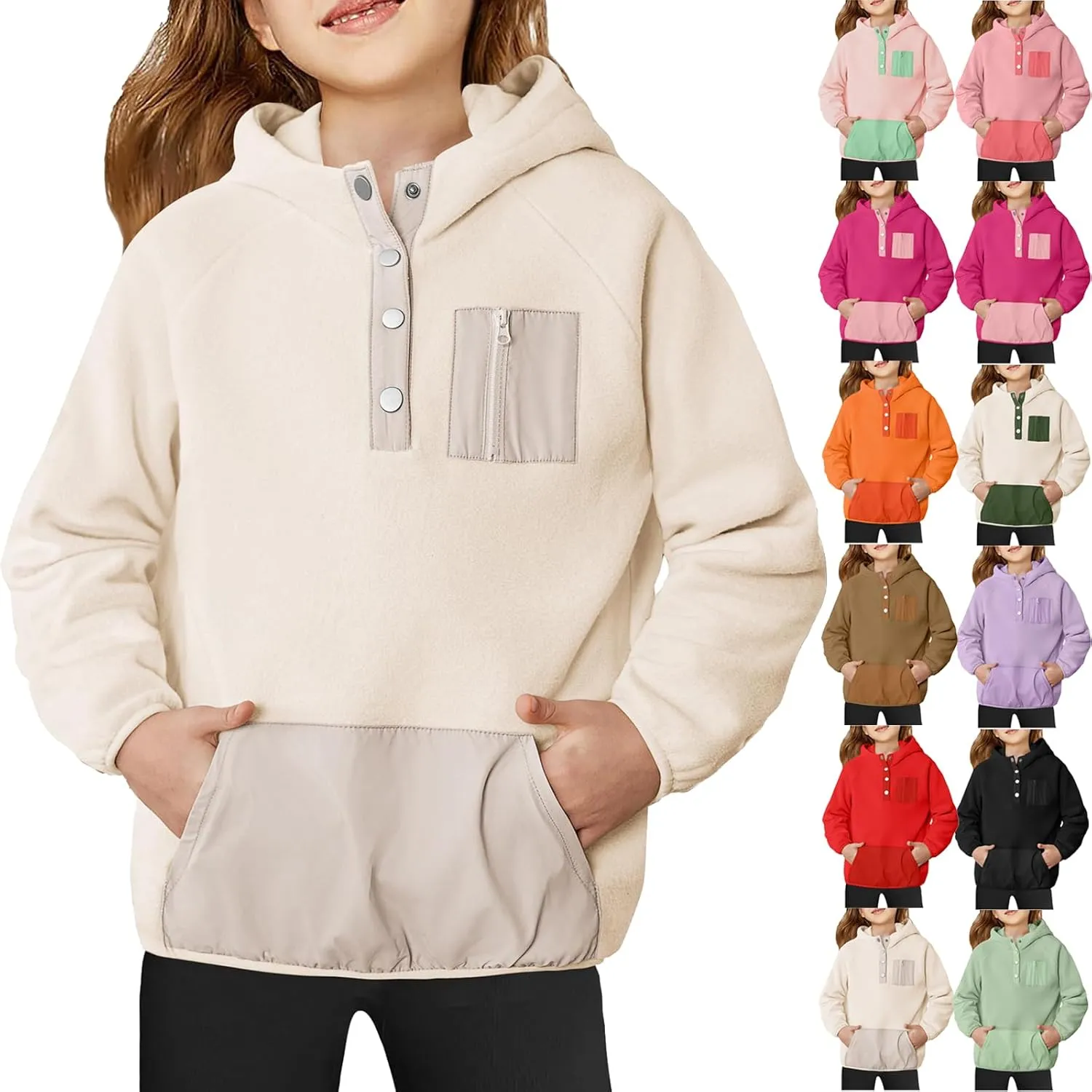 Cute Hoodies For Girls Color Block Sherpa Fleece Hooded Sweatshirt Teen Girl Winter Warm Button Down Pullover Jackets