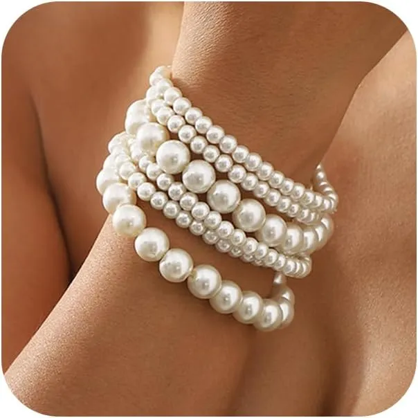 Cute Layered White Pearl Bracelets Sets for Women Fashion Freshwater Pearls Layering Statement Bracelet Stack Strand Beaded Bangles Dainty Aesthetic Jewelry
