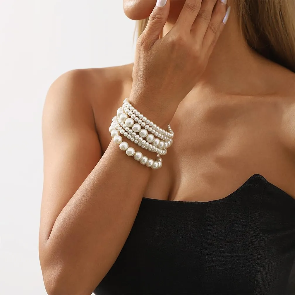 Cute Layered White Pearl Bracelets Sets for Women Fashion Freshwater Pearls Layering Statement Bracelet Stack Strand Beaded Bangles Dainty Aesthetic Jewelry