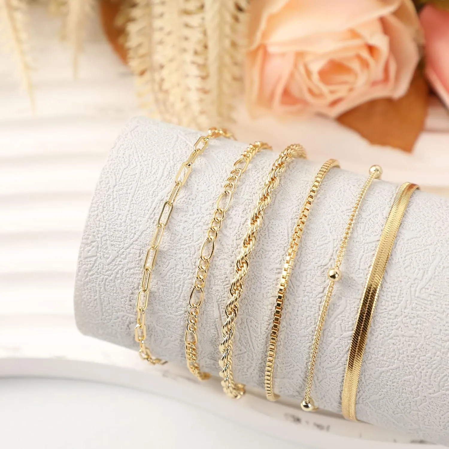 Dainty Gold Bracelets for Women 14k Gold Plated Layered Bracelets Paperclip Bracelets Delicate Satellite Bracelets Beads Bar Box Coins Lightweight Chain Bracelet for women Minimalist Jewelry Gift