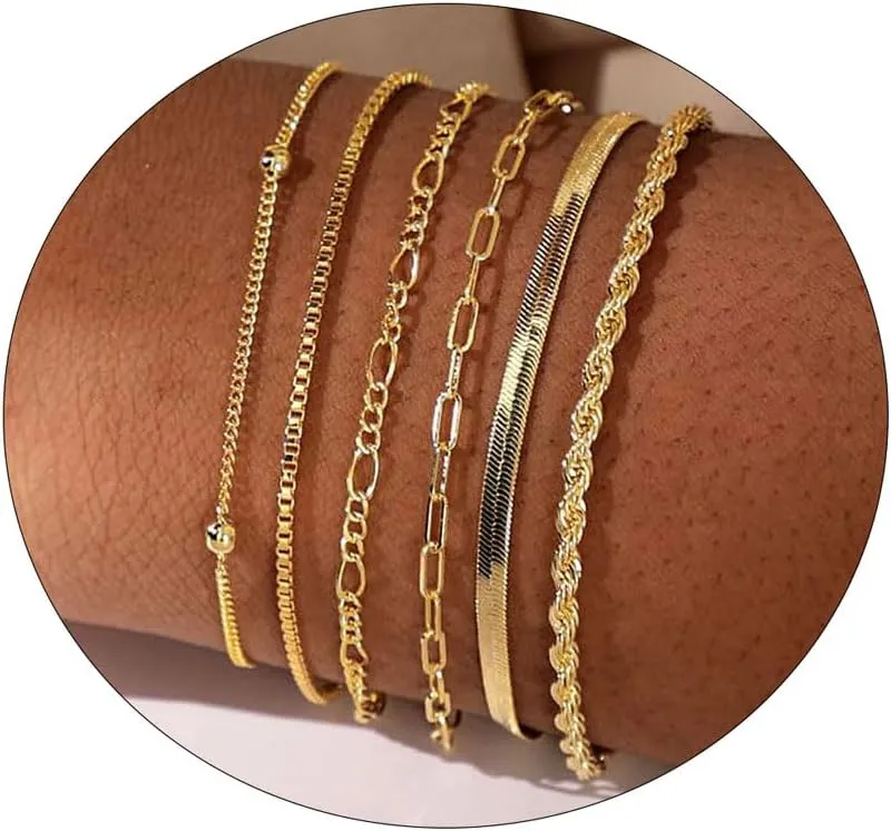 Dainty Gold Bracelets for Women 14k Gold Plated Layered Bracelets Paperclip Bracelets Delicate Satellite Bracelets Beads Bar Box Coins Lightweight Chain Bracelet for women Minimalist Jewelry Gift