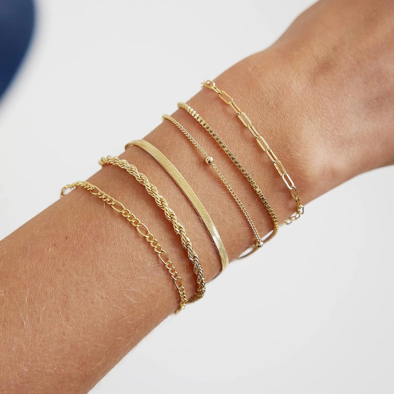 Dainty Gold Bracelets for Women 14k Gold Plated Layered Bracelets Paperclip Bracelets Delicate Satellite Bracelets Beads Bar Box Coins Lightweight Chain Bracelet for women Minimalist Jewelry Gift