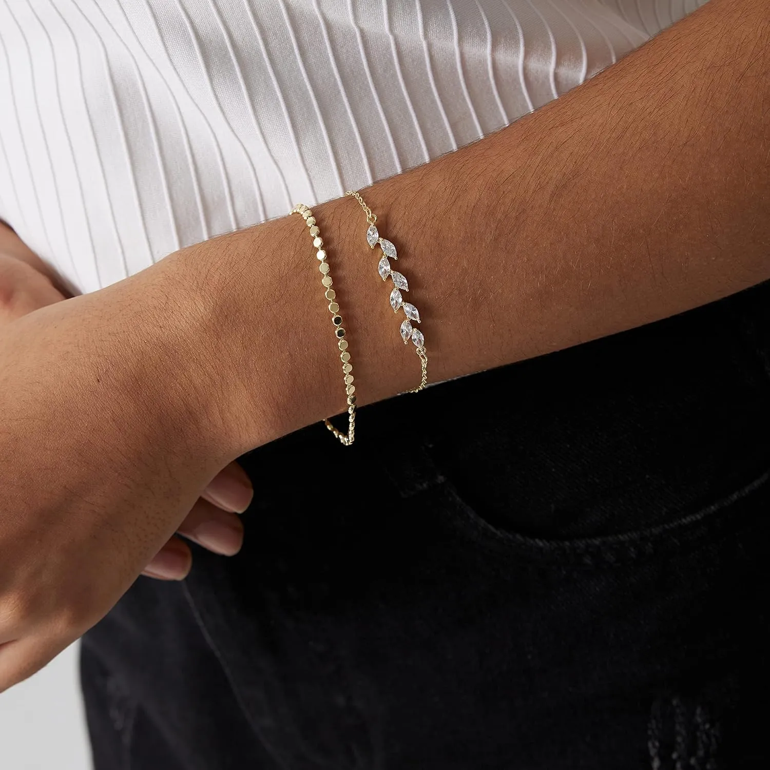 Dainty Gold Bracelets for Women 14k Gold Plated Layered Bracelets Paperclip Bracelets Delicate Satellite Bracelets Beads Bar Box Coins Lightweight Chain Bracelet for women Minimalist Jewelry Gift