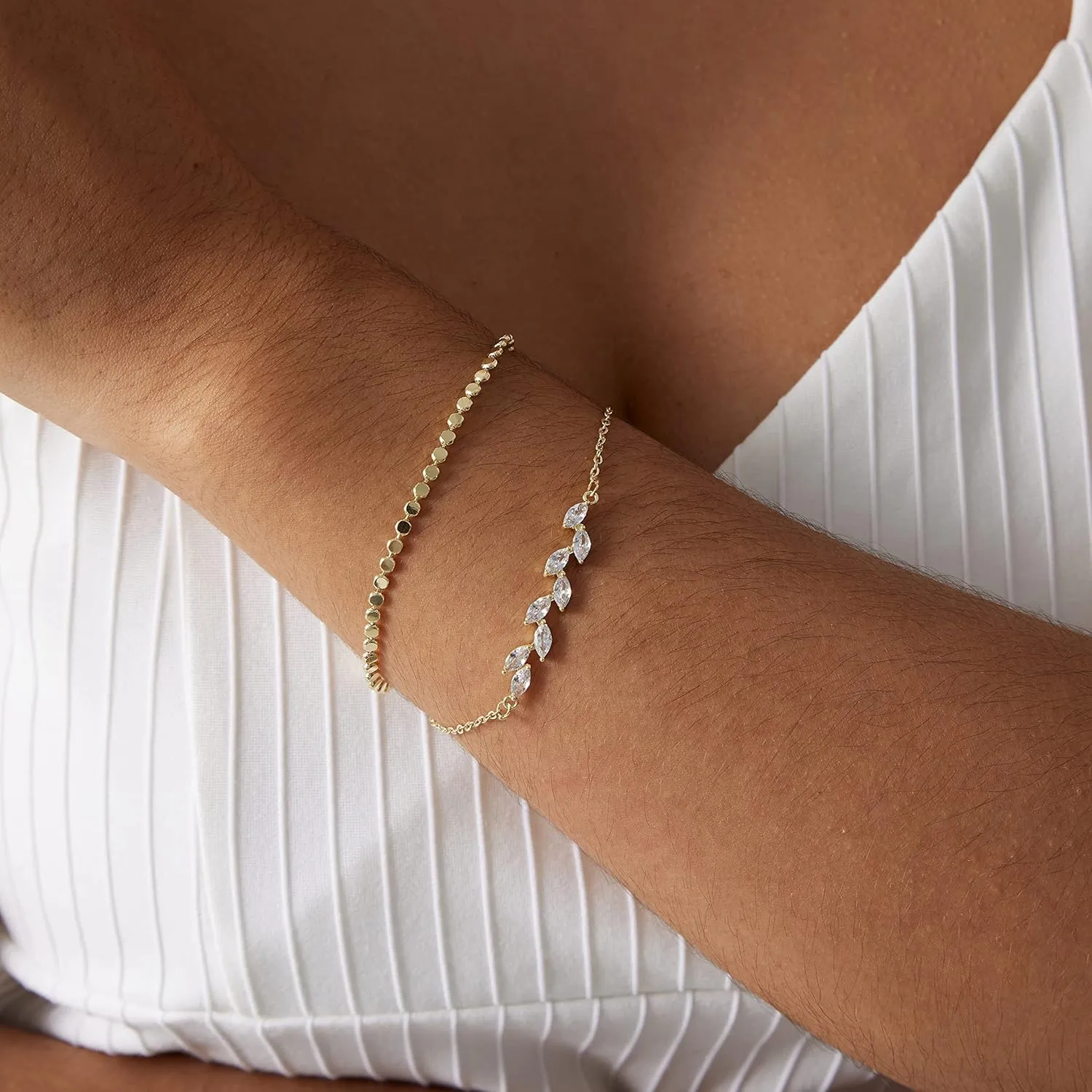 Dainty Gold Bracelets for Women 14k Gold Plated Layered Bracelets Paperclip Bracelets Delicate Satellite Bracelets Beads Bar Box Coins Lightweight Chain Bracelet for women Minimalist Jewelry Gift