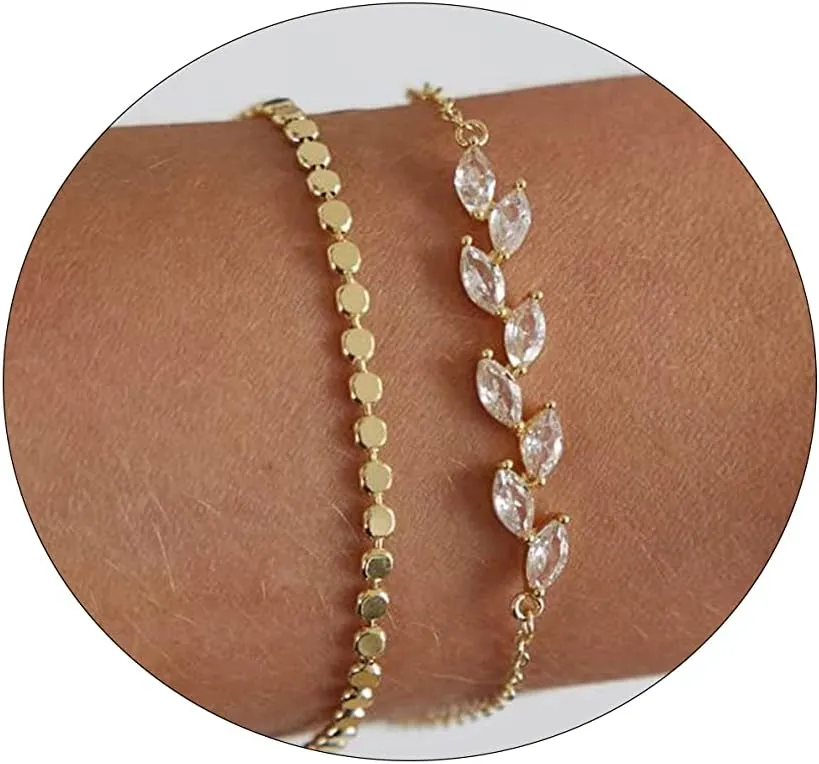 Dainty Gold Bracelets for Women 14k Gold Plated Layered Bracelets Paperclip Bracelets Delicate Satellite Bracelets Beads Bar Box Coins Lightweight Chain Bracelet for women Minimalist Jewelry Gift