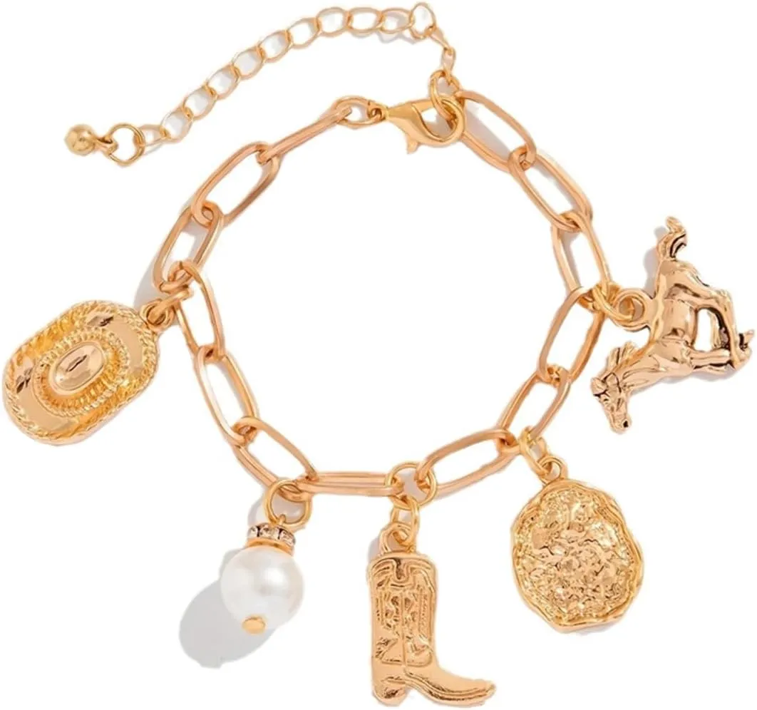 Dainty Gold Bracelets for Women Boho Starfish Sea shell Bracelet Punk Cowgirl Boot Horse Bracelet Handmade Adjustable Charm Jewelry
