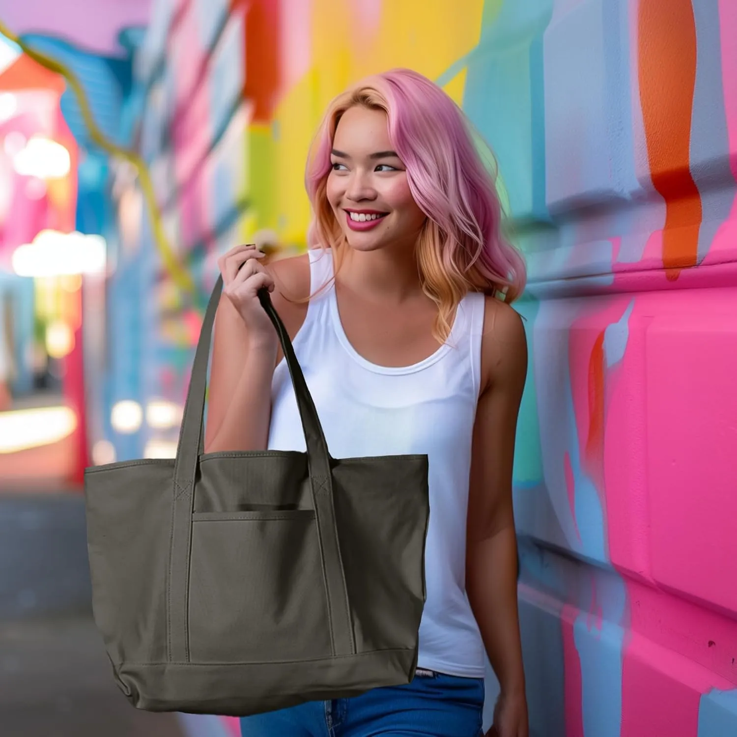 DALIX Womens 23" Deluxe 24 oz. Cotton Canvas Tote Bag Zippered in Asphalt Gray