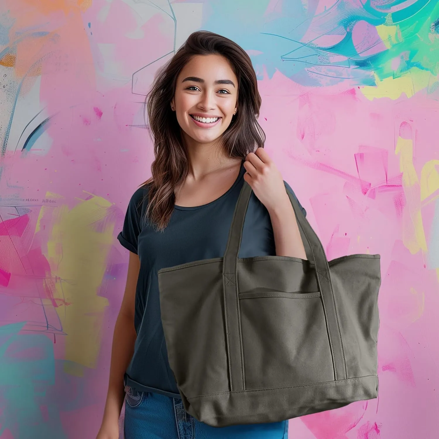 DALIX Womens 23" Deluxe 24 oz. Cotton Canvas Tote Bag Zippered in Asphalt Gray