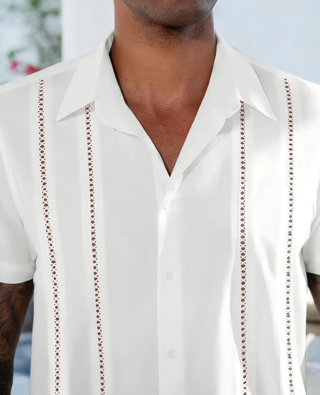 DEMEANOR Guayabera Linen Shirts for Men Short Sleeve Button Down Shirts Summer Beach Linen Shirts Casual Hawaii Vacation