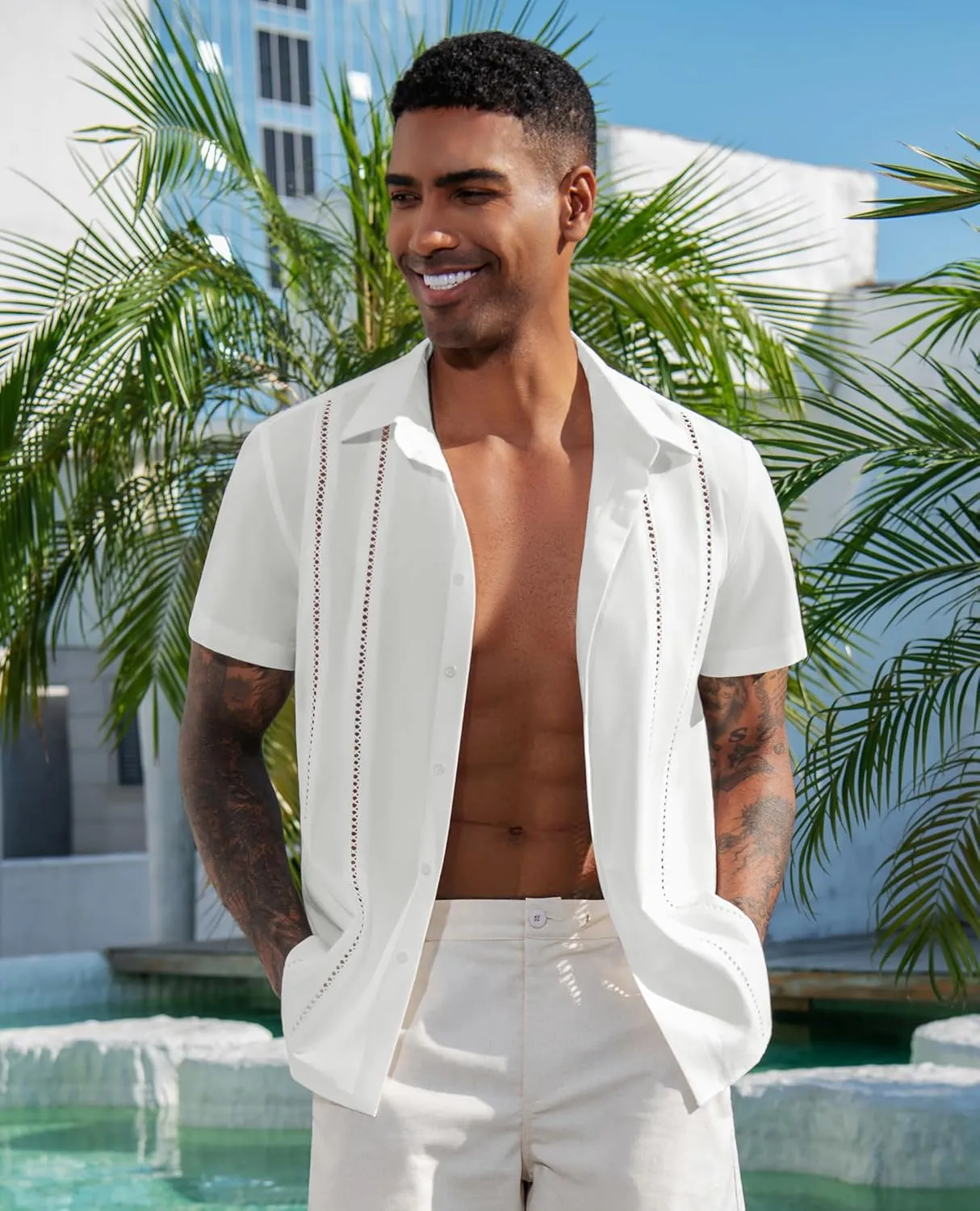 DEMEANOR Guayabera Linen Shirts for Men Short Sleeve Button Down Shirts Summer Beach Linen Shirts Casual Hawaii Vacation