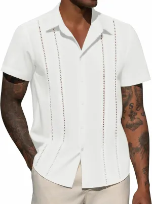 DEMEANOR Guayabera Linen Shirts for Men Short Sleeve Button Down Shirts Summer Beach Linen Shirts Casual Hawaii Vacation