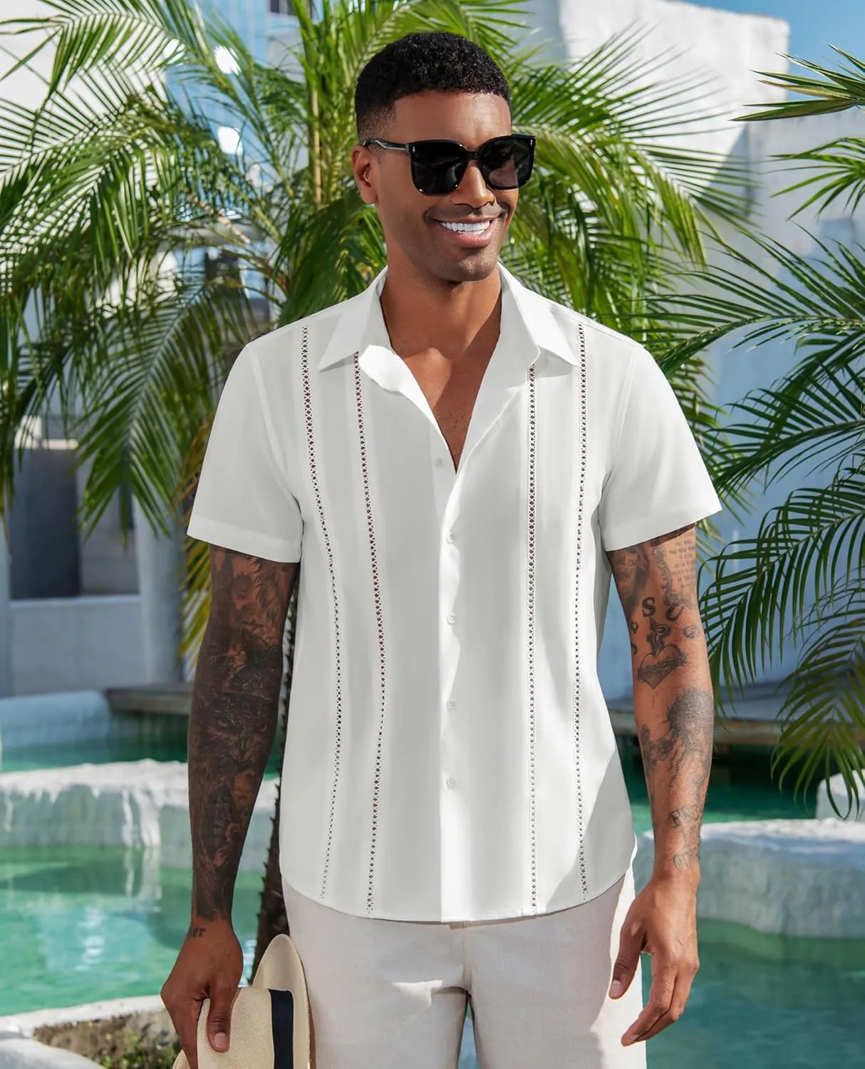 DEMEANOR Guayabera Linen Shirts for Men Short Sleeve Button Down Shirts Summer Beach Linen Shirts Casual Hawaii Vacation