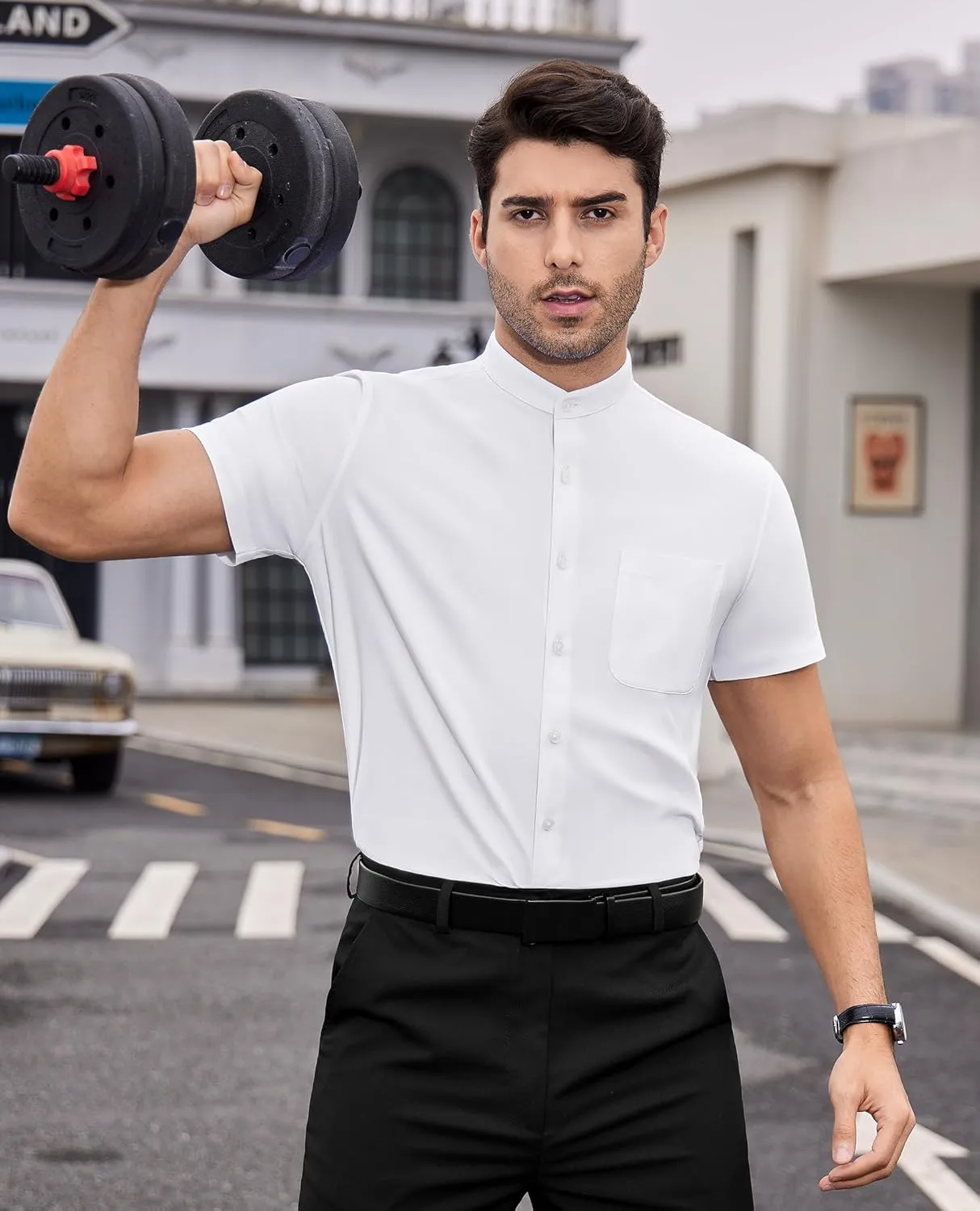DEMEANOR Mens Banded Collar Dress Shirts Short Sleeve Stretch Collarless Dress Shirts for Men Casual Button Down Shirts